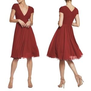NWT Dress the Population Corey Cap Sleeve Lace Trim Midi Dress in Garnet Sz. XS